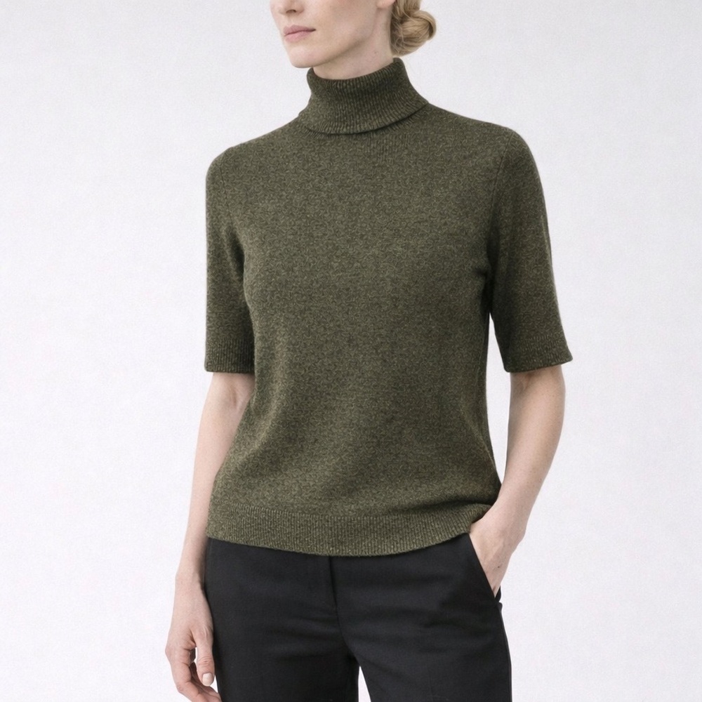 COS 100% Cashmere Short-Sleeve Turtleneck Sweater Olive Green | XS | NWT